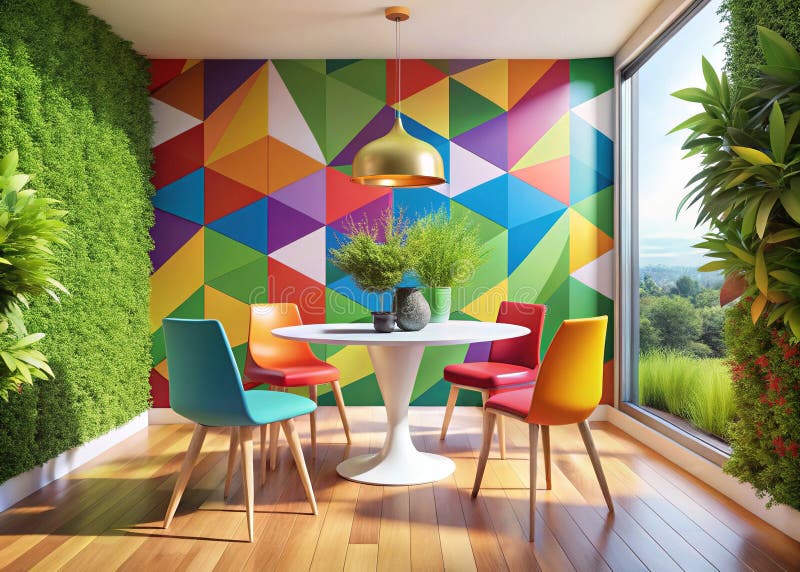 Design elegante e compatto per la colazione moderna di Mid Century con vetrina geometrica e sedie colorate Un interno delizioso royalty illustrazione gratis