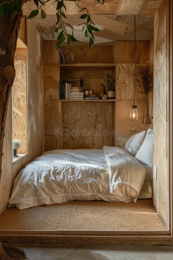 Design elegante e ecologico per camere da letto con lettiera di cotone biologico e pavimentazione naturale di sughero fotografia stock libera da diritti