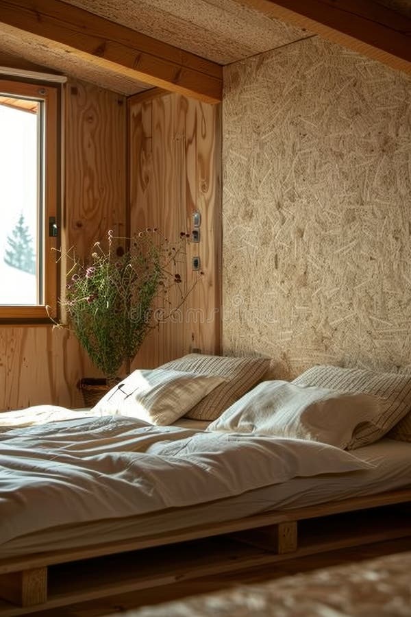 Design elegante e ecologico per camere da letto con lettiera di cotone biologico e pavimentazione naturale di sughero immagini stock
