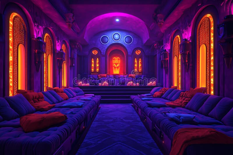 Design elegante per home theatre Immersive Entertainment Space con cuciture in lavanda illustrazione di stock