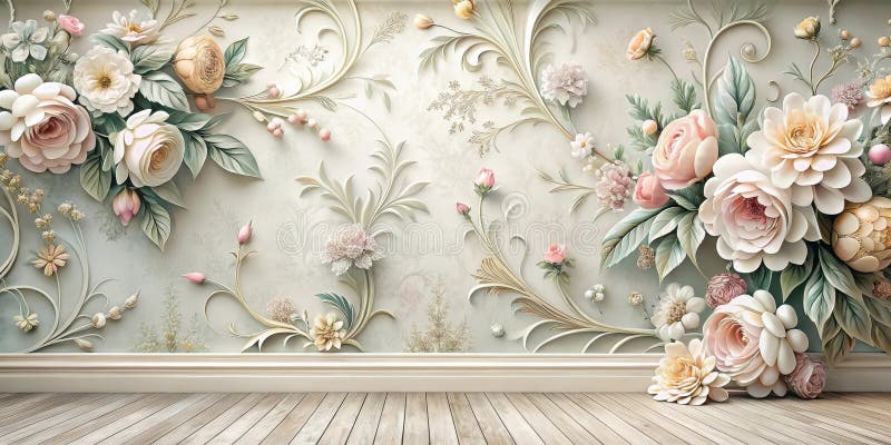Design elegante per murales floreale, composto da un'intricata scrollwork e rose realistiche ideali per decorazioni d'interni. Una fusione accattivante di immaginazione ed estetica del design moderno. Generative AI