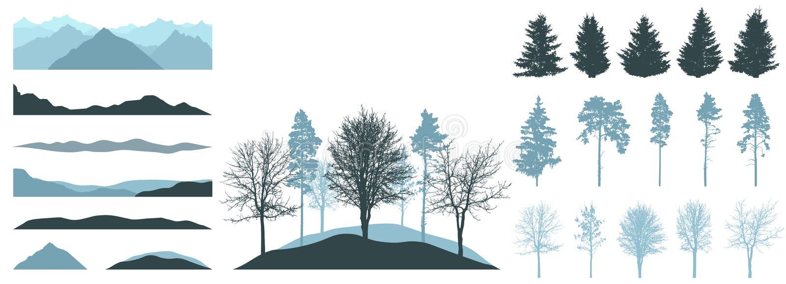 Design elements of winter forest trees. Constructor of landscape. Silhouettes of beautiful spruces, pines, bare trees, hill. vector illustration Design elements of winter forest trees. Constructor of landscape. Silhouettes of beautiful spruces, pines, bare trees, hill. vector illustration