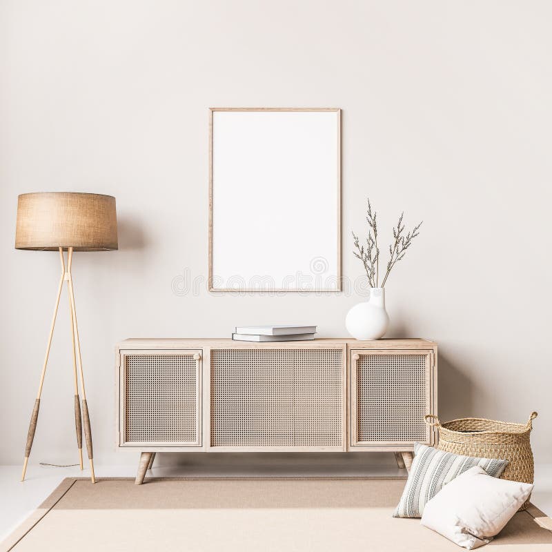 Design escandinavo do interior da sala de estar com consola de rattan cadeira de madeira esbofeteando quadro de cartaz