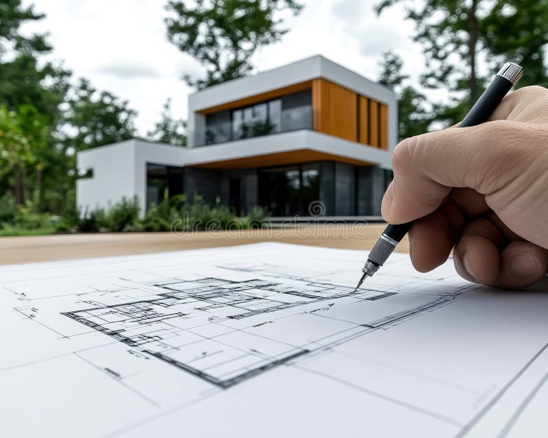 Design framework in focus - house model positioned over detailed blueprints, emphasizing architectural structure vector illustration