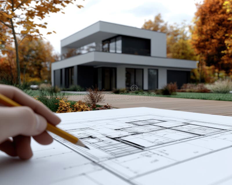 Design framework in focus - house model positioned over detailed blueprints, emphasizing architectural structure royalty free illustration