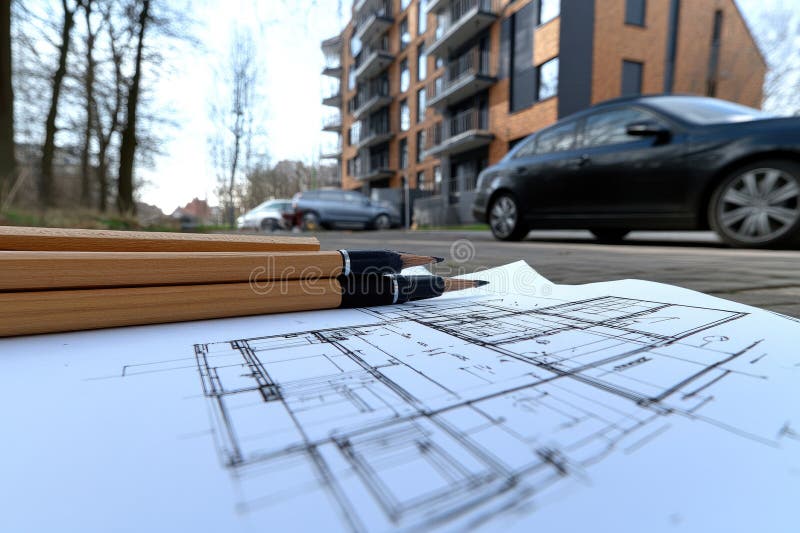 Design framework in focus - house model positioned over detailed blueprints, emphasizing architectural structure vector illustration