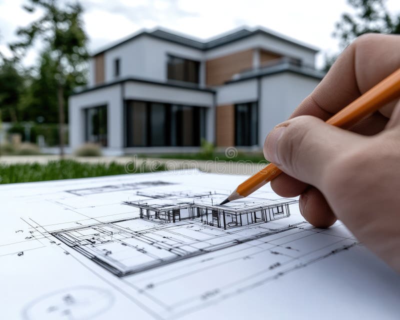 Design framework in focus - house model positioned over detailed blueprints, emphasizing architectural structure royalty free illustration