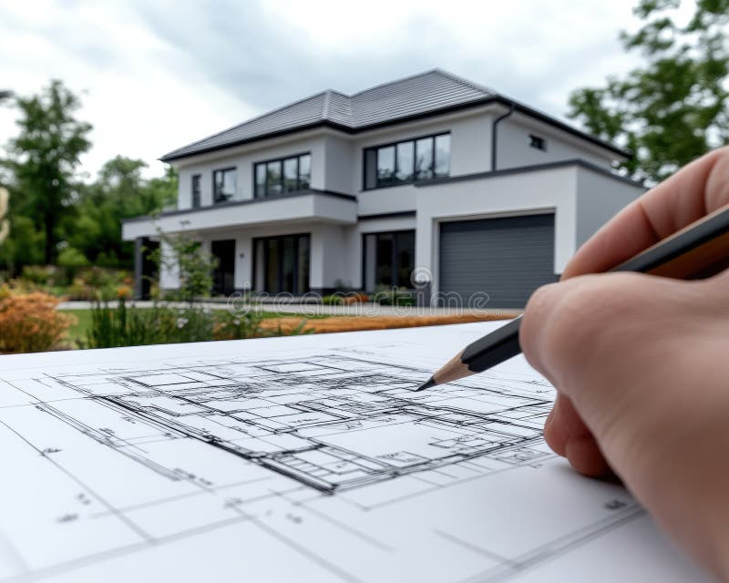 Design framework in focus - house model positioned over detailed blueprints, emphasizing architectural structure vector illustration