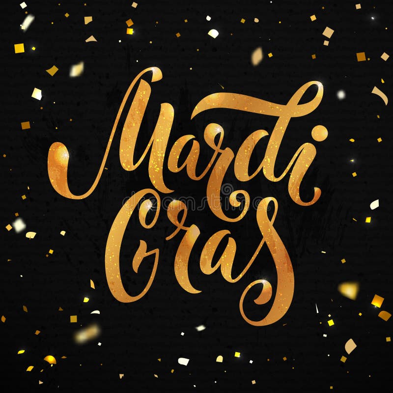 Design för affisch för Mardi graskarneval Guld- text med gnistrandepartiklar på svart bakgrund Handbokstäver, vektortyp royaltyfri illustrationer