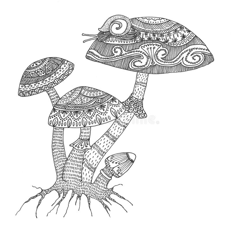 Design för bok för färgläggning för champinjonsvamp svart hand-dragen invecklad vuxen för anti-spänningsaktivitet vektor illustrationer Design för bok för färgläggning för champinjonsvamp svart hand-dragen invecklad vuxen för anti-spänningsaktivitet vektor illustrationer