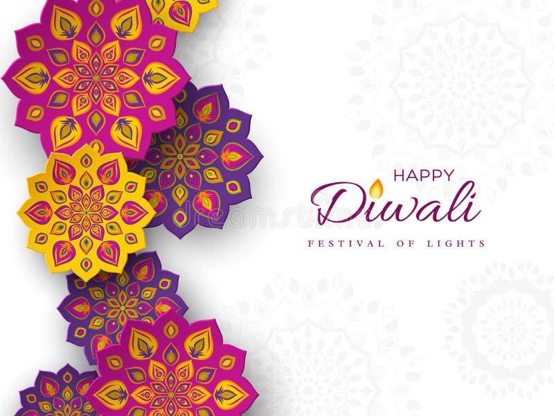 Design för Diwali festivalferie med papperssnittstil av indiern Rangoli Lilor violet, gul färg på vit bakgrund, il