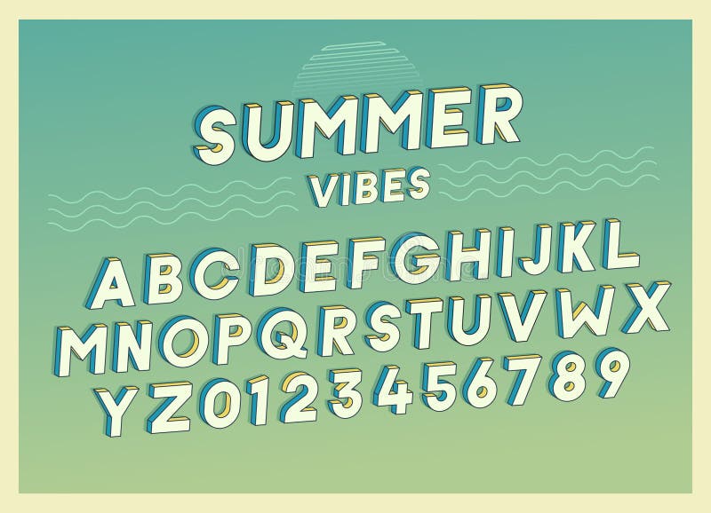 Design för effekt för sommarVibesstilsort med retro färger ljus vektorvärld för konst Inkluderar fullt alfabet och nummer stock illustrationer