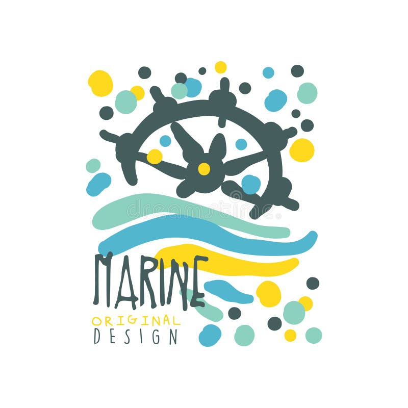 Design för flotta- eller yachtklubbalogo med abstrakt begreppvågor och skeppstyrninghjulet Hand dragen färgrik vektor som isolera royaltyfri illustrationer Design för flotta- eller yachtklubbalogo med abstrakt begreppvågor och skeppstyrninghjulet Hand dragen färgrik vektor som isolera royaltyfri illustrationer