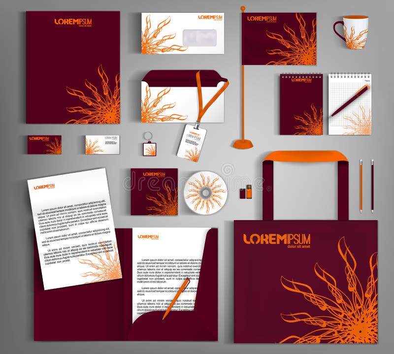 Design för mall för företags identitet för Bourgogne med en beståndsdel av den dekorativa orange blomman stock illustrationer