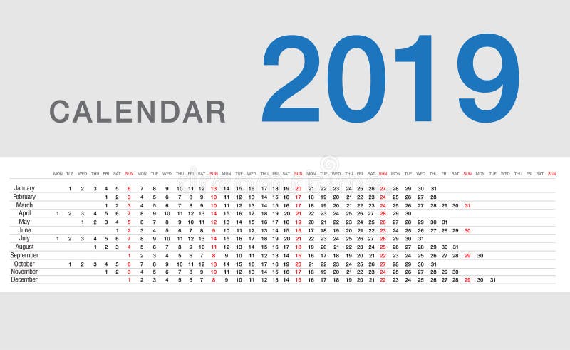 Design för mall 2019 för design för vektor för kalenderår enkel och ren, royaltyfri illustrationer Design för mall 2019 för design för vektor för kalenderår enkel och ren, royaltyfri illustrationer