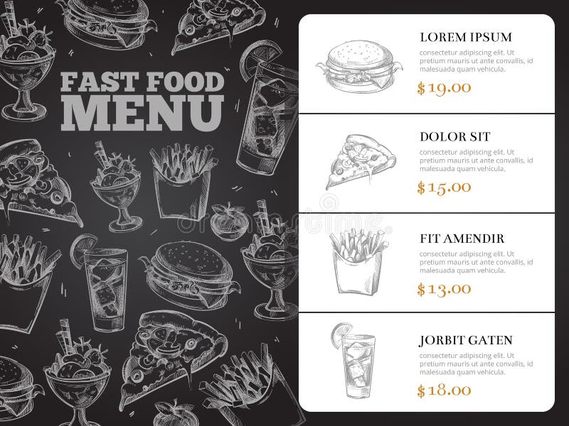 Design för meny för restaurangbroschyrvektor med hand-dragen snabbmat stock illustrationer Design för meny för restaurangbroschyrvektor med hand-dragen snabbmat stock illustrationer