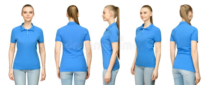 Design för modell för skjorta för polo för flickablankoblått för tryck och ung kvinna för begreppsmall i sikt för T-tröjaframdel- arkivfoton Design för modell för skjorta för polo för flickablankoblått för tryck och ung kvinna för begreppsmall i sikt för T-tröjaframdel- arkivfoton