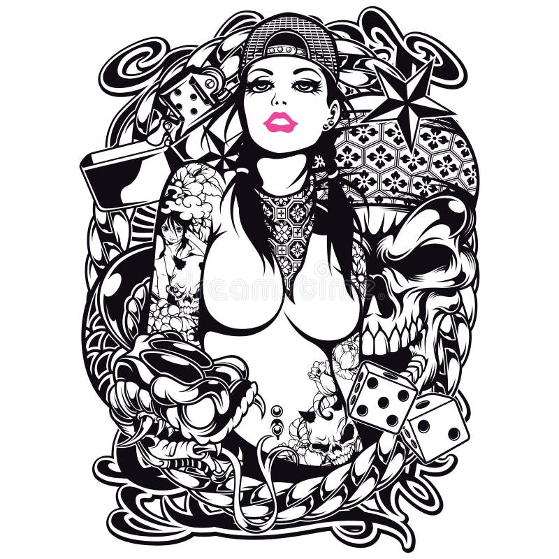 Design för tatueringflickaskjorta vektor illustrationer Design för tatueringflickaskjorta vektor illustrationer