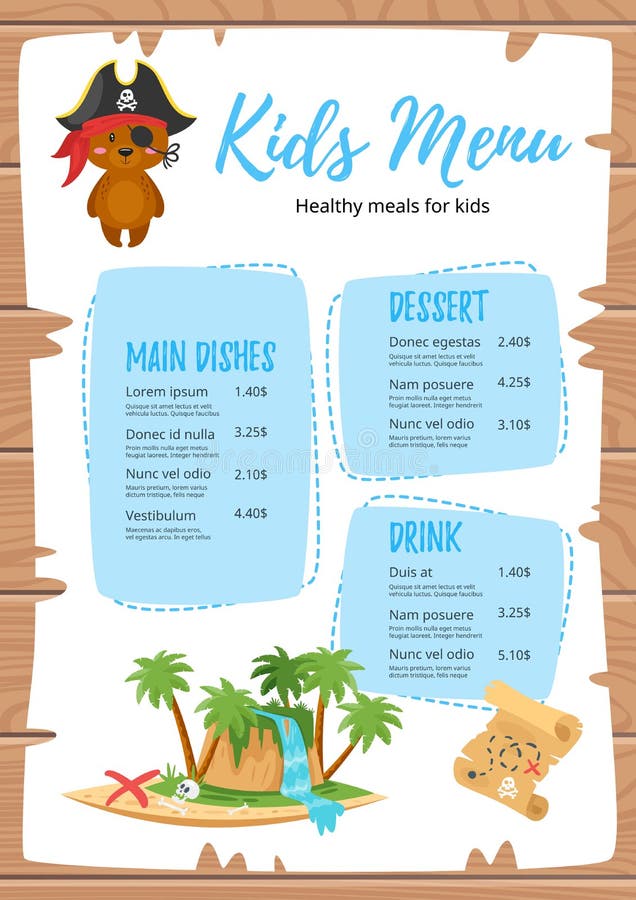 Vector cartoon style design for kids menu with cute character animal-bear in pirate costume, treasure map and island. Children menu meal template. Wooden background. Vector cartoon style design for kids menu with cute character animal-bear in pirate costume, treasure map and island. Children menu meal template. Wooden background.