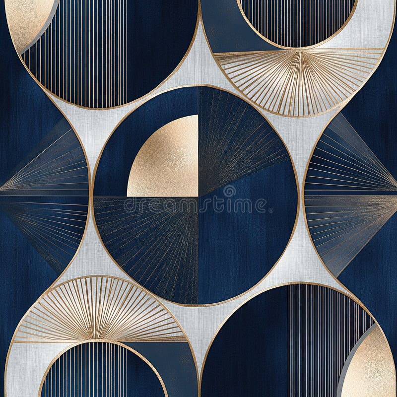 Design geometric abstract cu tipare circulare și accente de aur pe fond albastru închis stock images