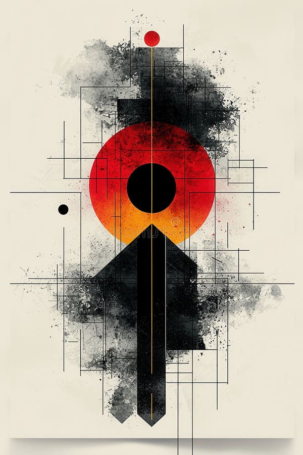 Design geometrico astratto con forme circolari in grassetto rosso e giallo e lineari fotografia stock