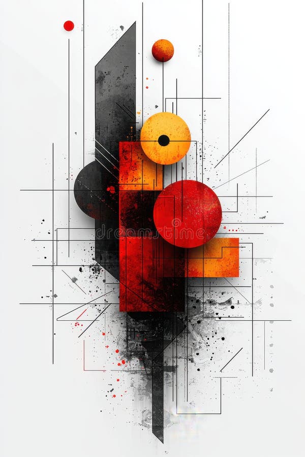 Design geometrico astratto con forme circolari in grassetto rosso e giallo e lineari fotografia stock libera da diritti