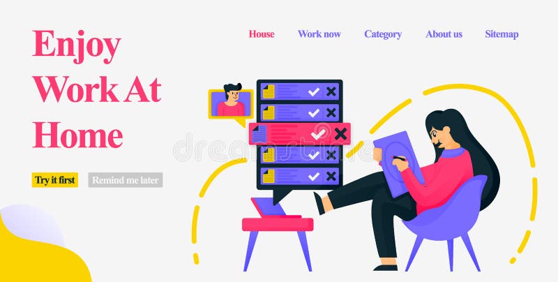 Design a girl sitting in a home chair casually and working as a freelancer by designing, getting orders and meeting clients on the royalty free illustration Design a girl sitting in a home chair casually and working as a freelancer by designing, getting orders and meeting clients on the royalty free illustration