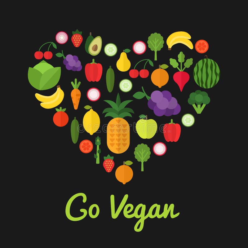 Design Go Vegan. concept alimentar sănătos. formă cardiacă umplută cu colecția de fructe și legume proaspete și sănătoase stock illustration
