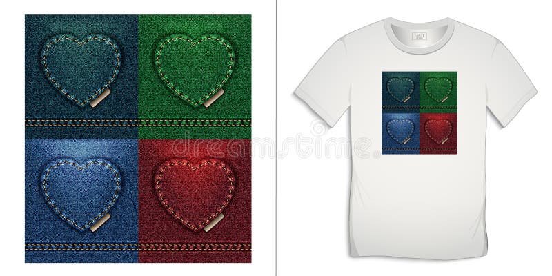 Design grafic pentru inimă pentru tricoul de zi Valentines tipărit cu textură colorată blugi goale șablon royalty free stock image