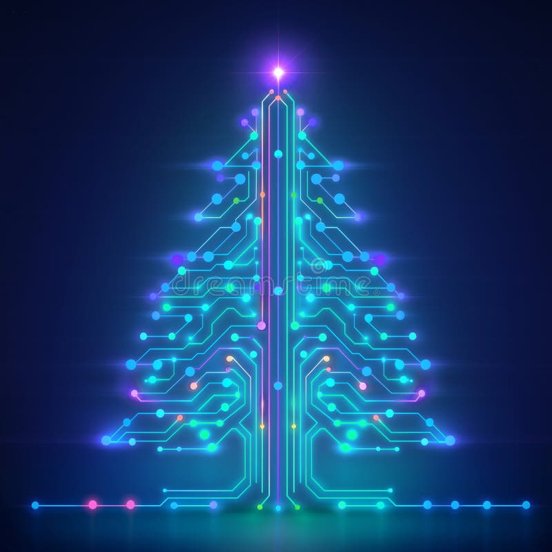 Design illuminato dell'albero di natale digitale con colori vibranti e schemi di circuiti illustrazione di stock