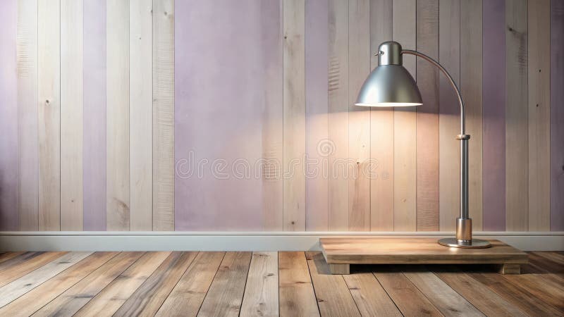 Design interior modern iluminat cu o lampă de birou pe un suport din lemn pe un perete de panou din lemn pastelat. IA generativă stock illustration