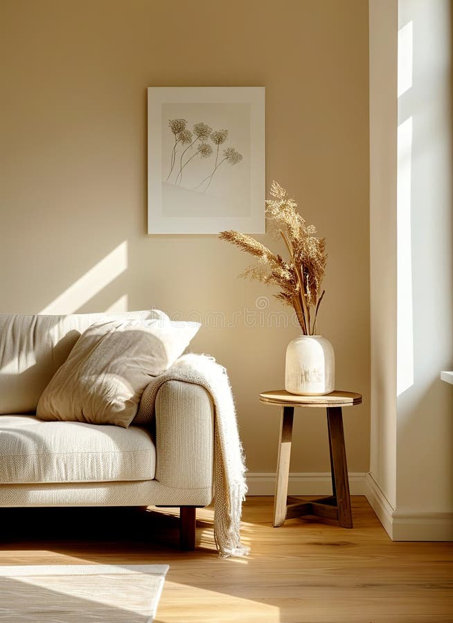 Design interiore stile boho del moderno salotto. tavolo in legno con vaso vicino a un divano in tessuto beige con cuscino e rivest royalty illustrazione gratis