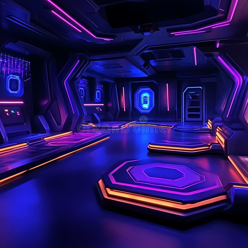 Design interno astratto per sale NeonLit futuristico con piattaforme illuminate illustrazione di stock