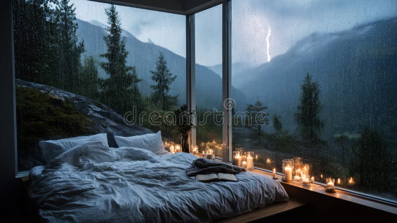 Design interno della camera da letto con fuori una nebulosa foresta di pini copre le montagne con un fulmine luminoso che colpisce. Struttura interna della camera da letto con fuori una nebulosa foresta di pini copre le montagne con un fulmine luminoso che colpisce in lontananza contro una vista scura attraverso vetrina. Generato dall'AI