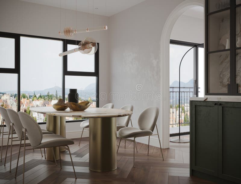 Design interno della sala da pranzo con tema bianco architettura immagine stock