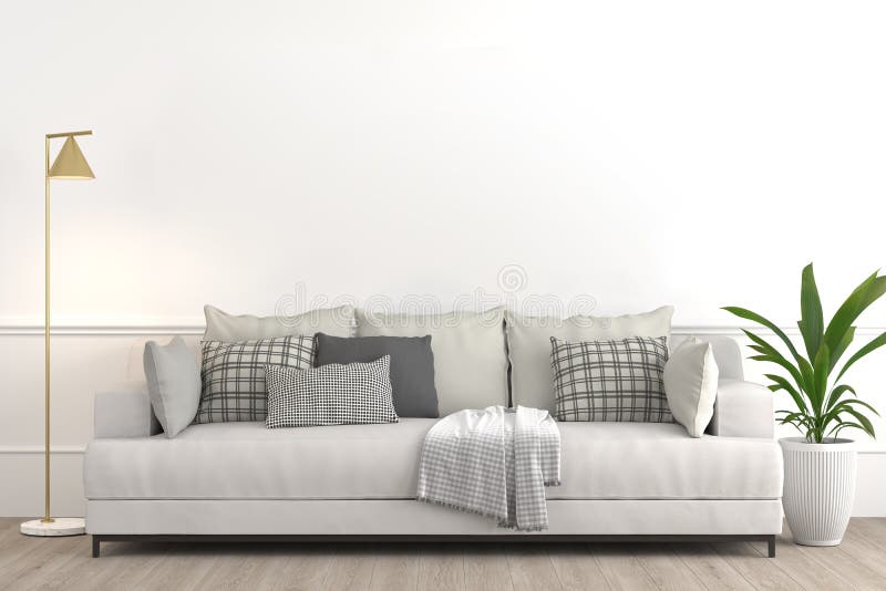 Design interno, elegante e moderno salotto, costituito da un divano bianco con cuscini e tessuti diversi, lampada e impianto su u