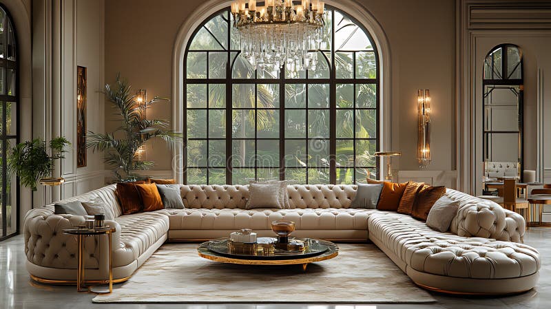 Design interno lussuoso per salotto grande sala da soggiorno vista tropicale royalty illustrazione gratis