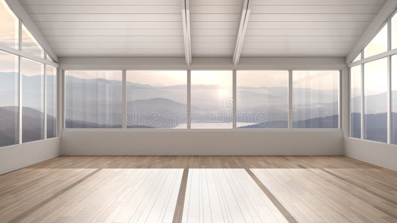 Design interno per locali vuoti, spazio aperto con tetti di legno e pavimenti di parquet, grande finestra panoramica, panorama di
