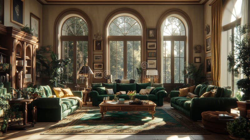 Design interno per sale conviventi con divani verdi e luce solare. Ai Generato