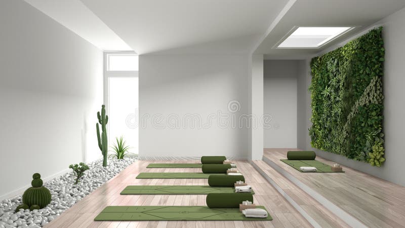 Design interno per studi di yoga vuoto, spazio aperto con tappeti, cuscini ed accessori, parquet, giardini verticali e piante suc royalty illustrazione gratis