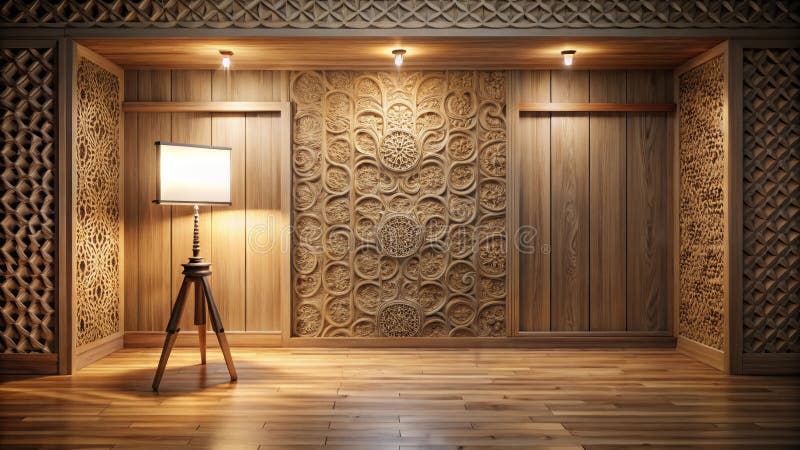 Design interno Sereno con intreccio di pareti in legno e lampada per pavimenti in treppiede. Generative AI illustrazione di stock