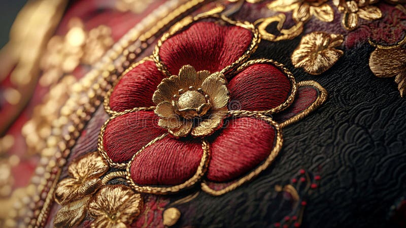 Design Luxury Red Gold Floral Broidery Textile Model up Artizanat bogat și întunecat royalty free illustration