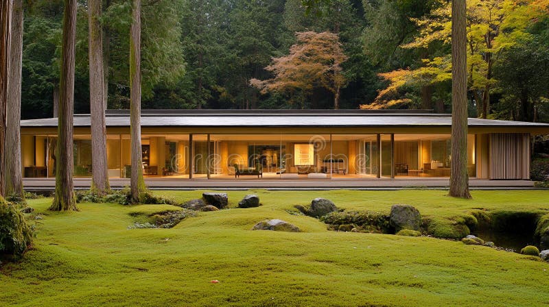Design minimalist al casei japoneze moderne Grădină Zen Home Moss Room View Calm stock illustration