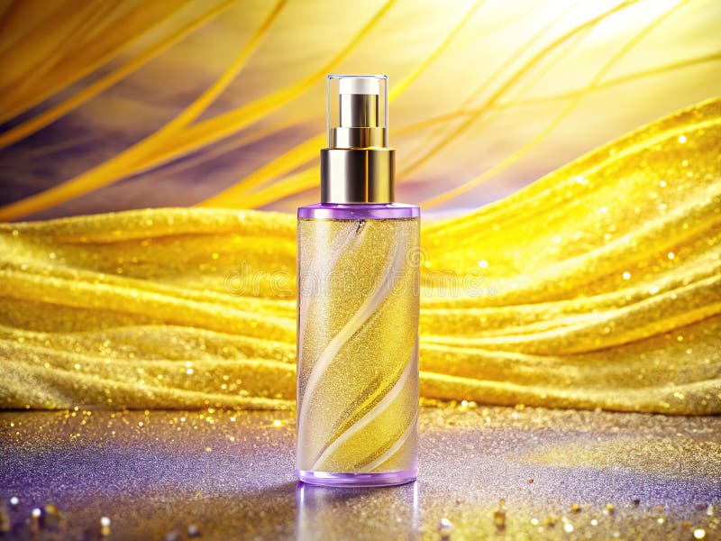 Spray Corpo di Lusso Scintillante Giallo Canarino Violetto Design Minimalista con Linee Luminose Ispirato alla Texture del Travert illustrazione di stock