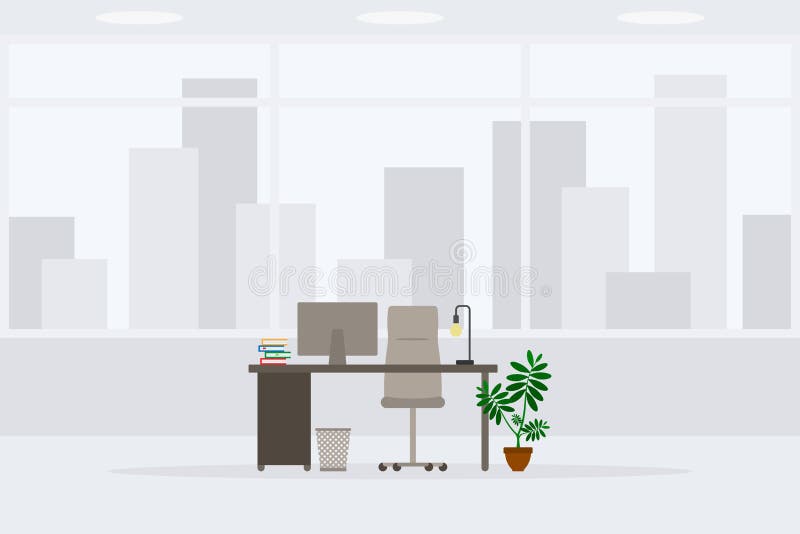 Design of modern empty office working place front view vector illustration. Table, desk, chair, computer, desktop isolated icon vector illustration