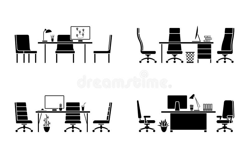Design of modern empty office workplace vector icon set. Flat style table, desk, chair, computer, desktop, plant, lamp isolated royalty free illustration