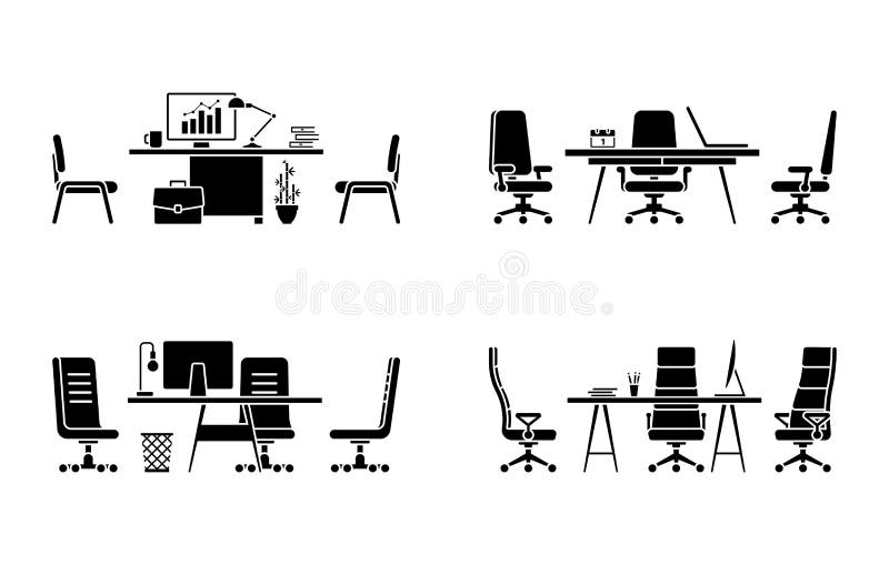 Design of modern empty office workspace vector set. Flat style table desk chair computer desktop pc laptop lamp isolated icon stock illustration