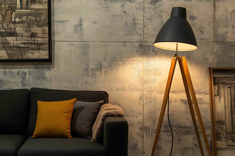 Design moderno per interni con lampada a pavimento treppiede e parete testurizzata illustrazione vettoriale