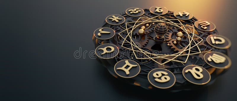 Handmade Mechanical Zodiac Clock Close Up in the Atmosphere of the Sunset.  Stock Illustration - Illustration of numerology, clock: 208172500