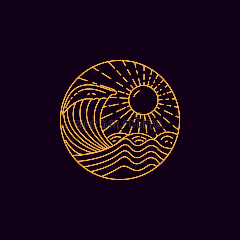 Ocean waves and line art style in brownish orange sunlight isolated black background vector eps10 vector illustration